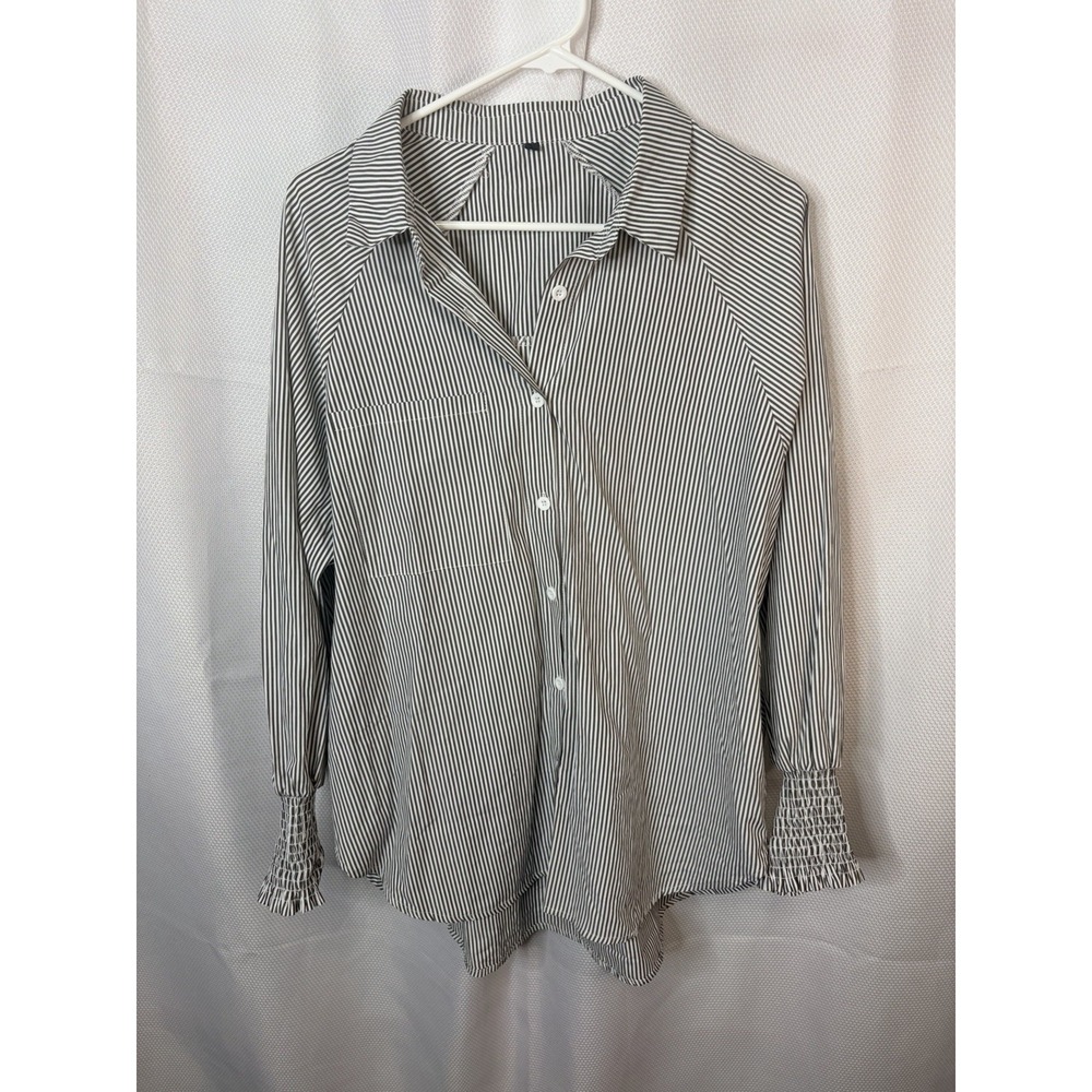 Women Striped Button Collar Ruffle Smocked Cuff Blouse Black White Large